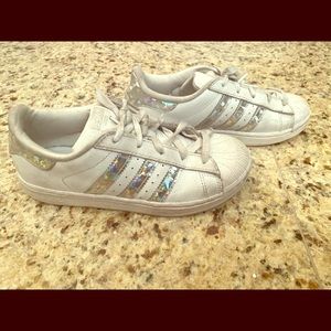 Adidas 3 Stripes Girl White & Silver Sz 1.5